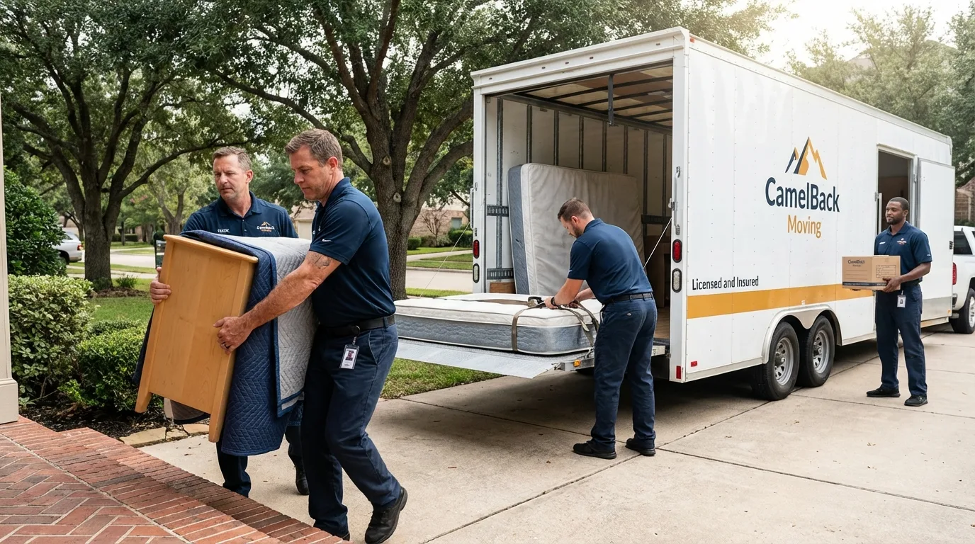 Crew loading residential truck for cross-state move from Huntley, IL